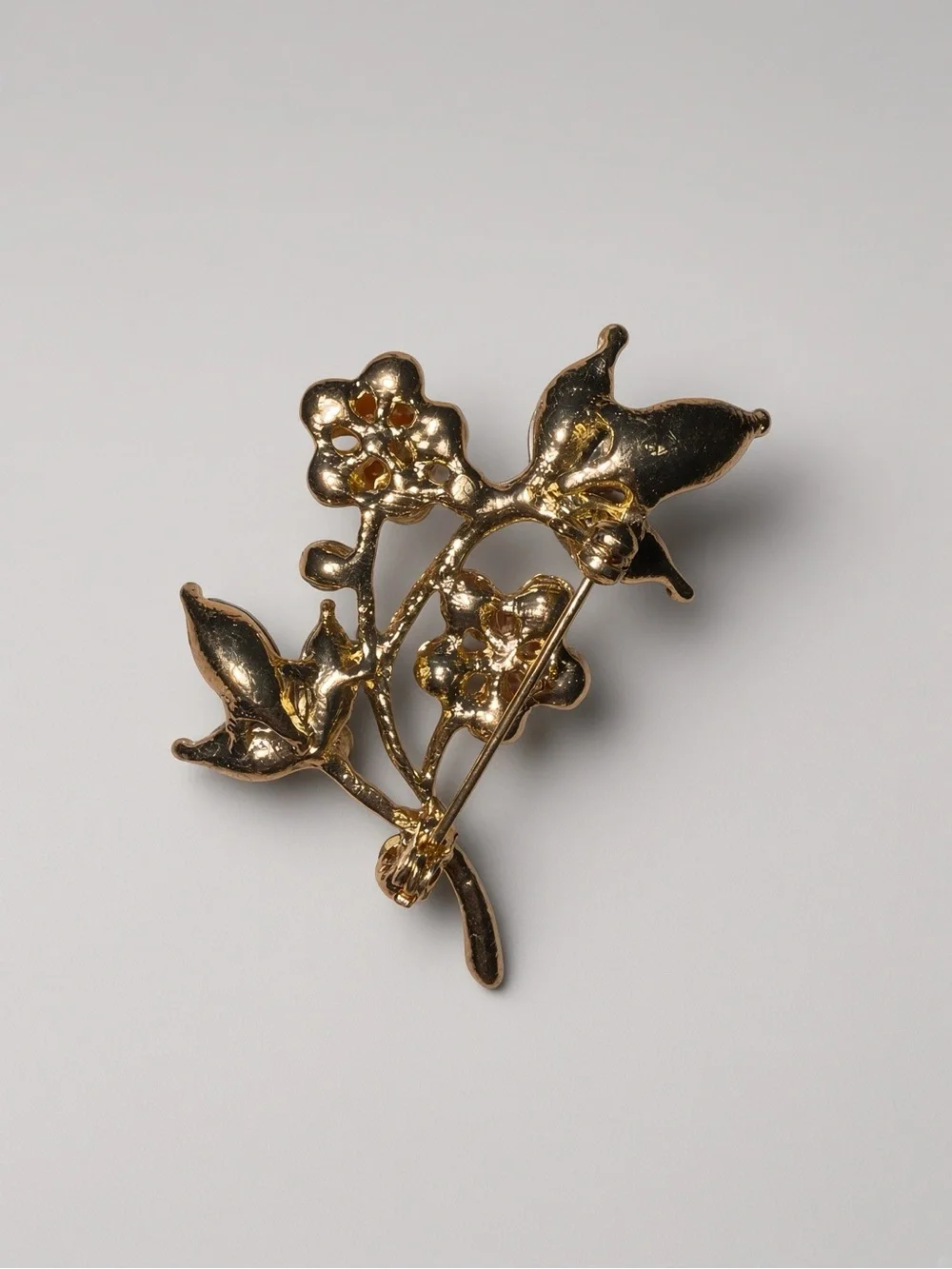 Gold Tone Floral Brooch with Navy Blue Crystals and Pearls Unsigned